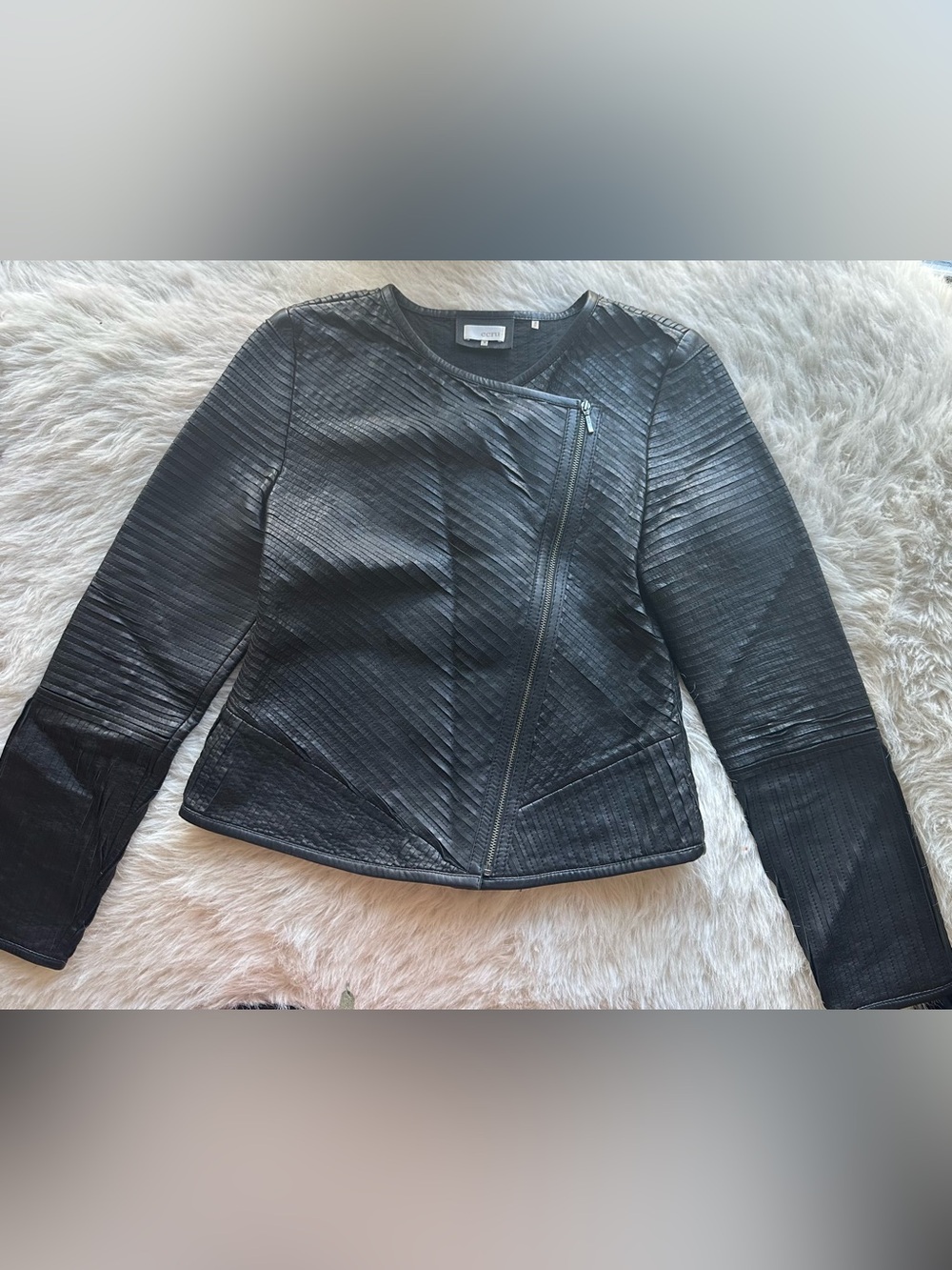 Ecru Black Quilted Asymmetric Zip Genuine Leather Jacket with cut detail Small